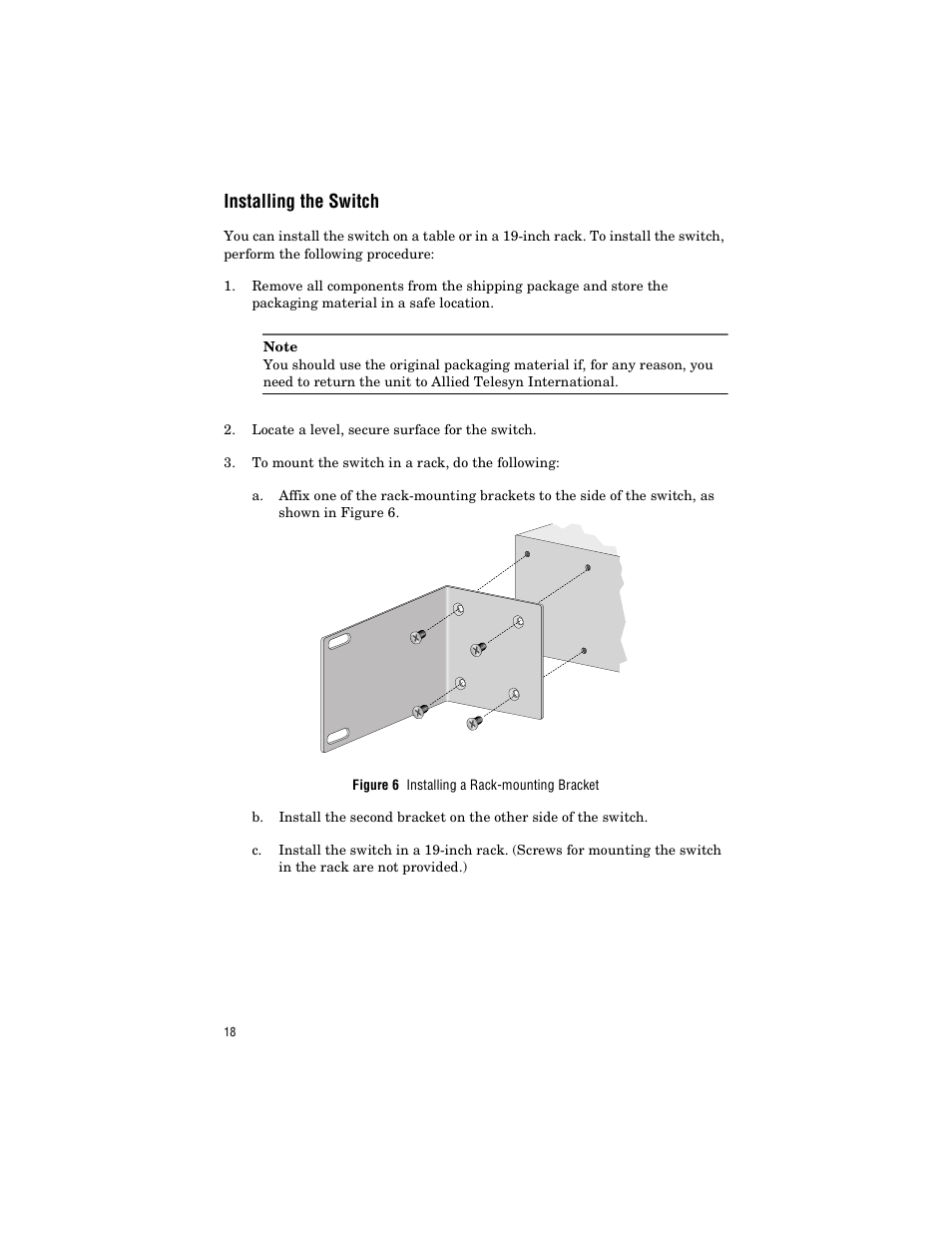 Installing the switch | Allied Telesis AT-FS709FC User Manual | Page 28 / 46
