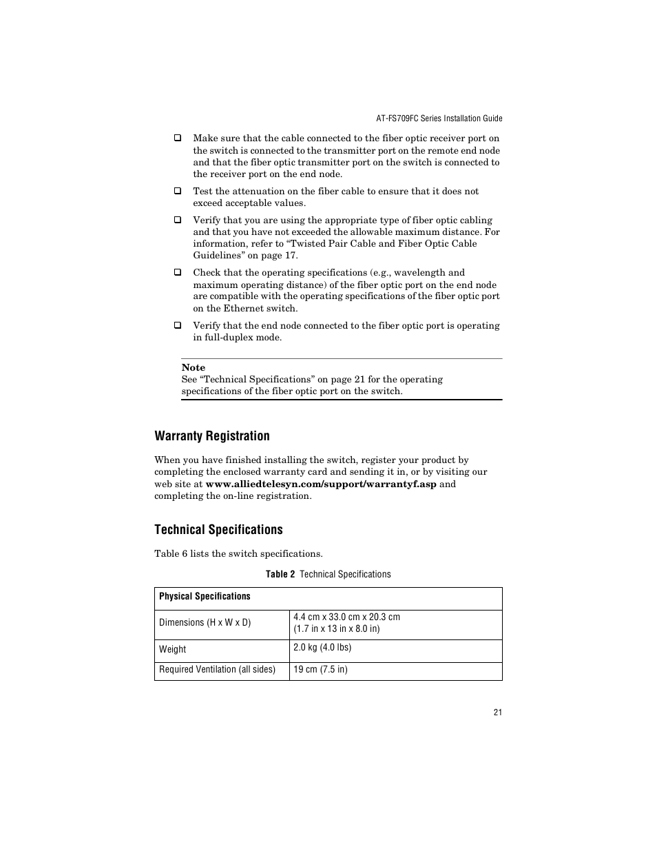 Warranty registration, Technical specifications, Warranty registration technical specifications | Allied Telesis AT-FS709FC User Manual | Page 31 / 46