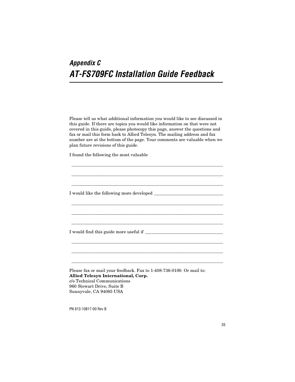 Appendix c, At-fs709fc installation guide feedback, Appendix c at-fs709fc installation guide feedback | Allied Telesis AT-FS709FC User Manual | Page 45 / 46