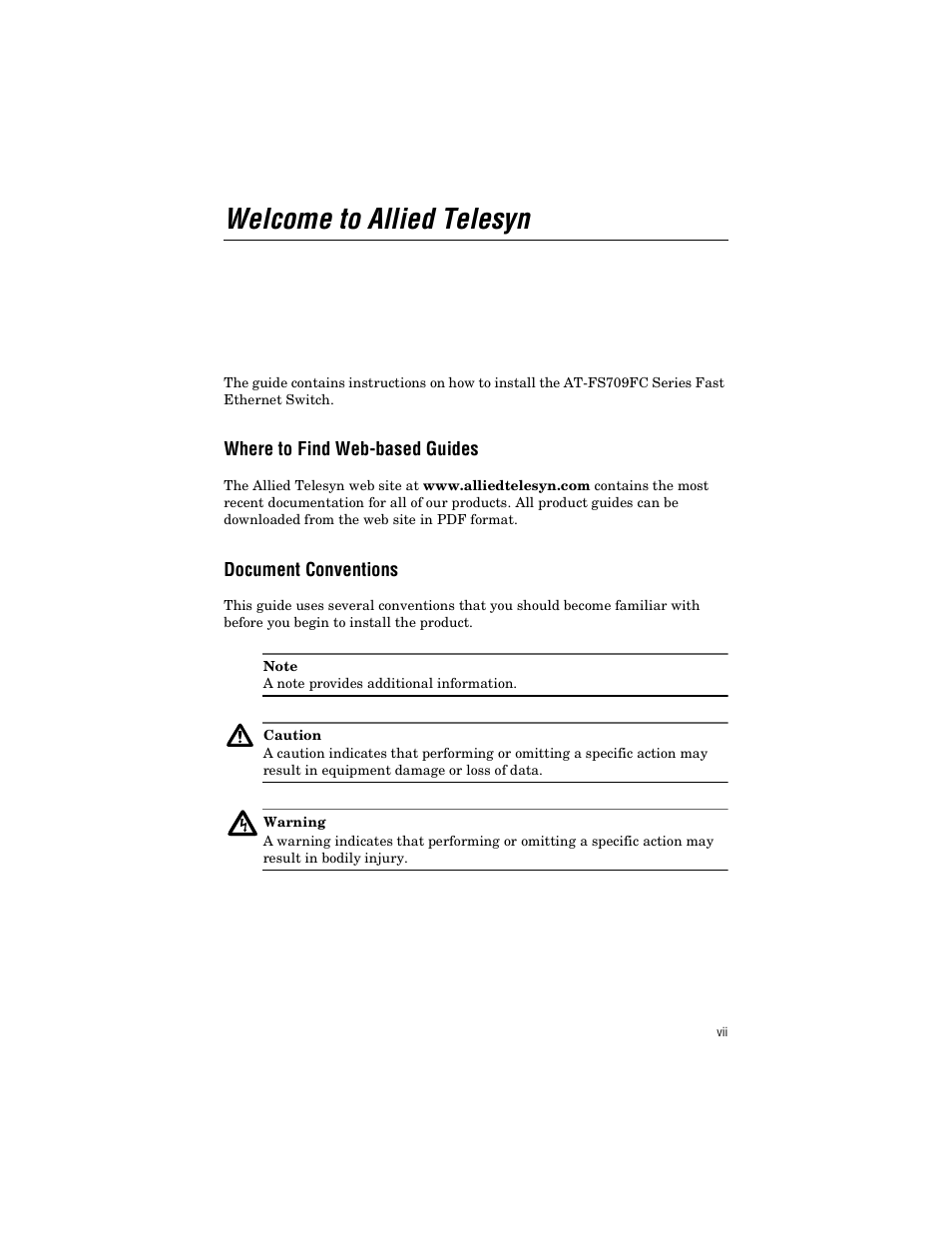 Welcome to allied telesyn, Where to find web-based guides, Document conventions | Allied Telesis AT-FS709FC User Manual | Page 7 / 46