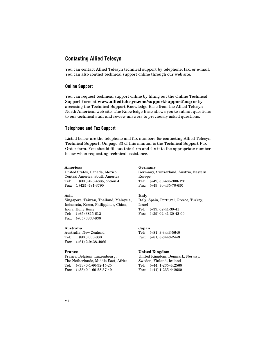 Contacting allied telesyn, Online support, Telephone and fax support | Allied Telesis AT-FS709FC User Manual | Page 8 / 46