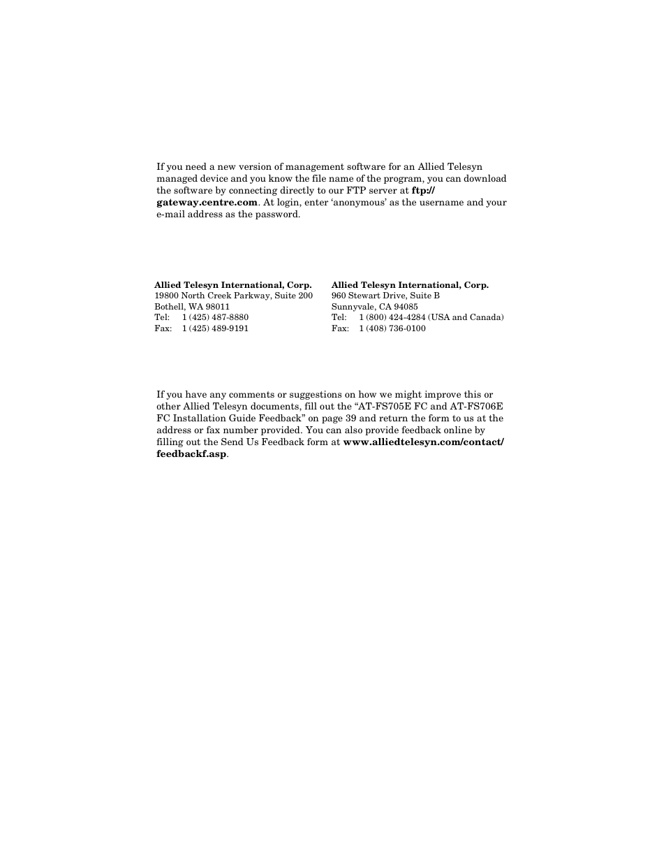 Ftp server, For sales or corporate information, Tell us what you think | Allied Telesis AT-FS706E FC User Manual | Page 10 / 50