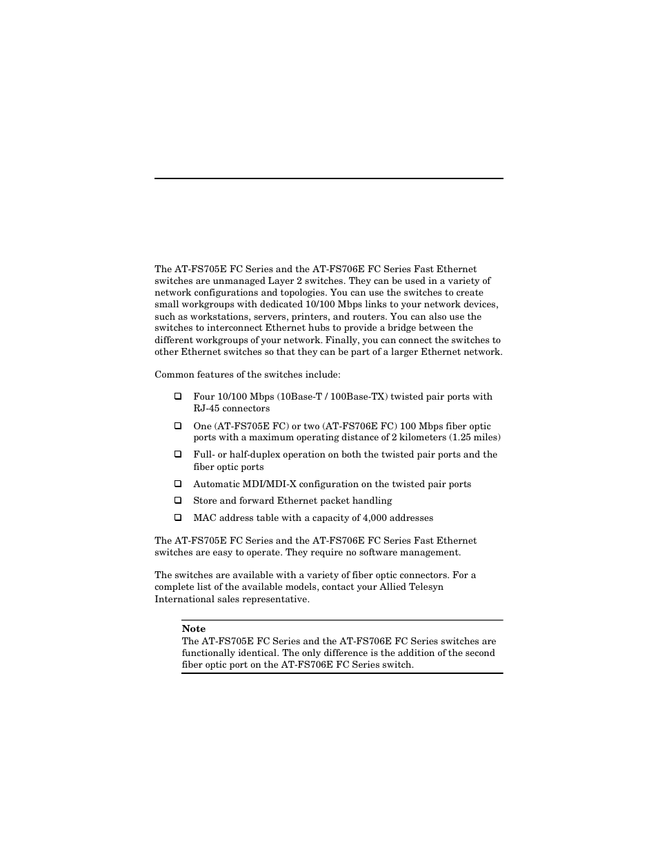 Chapter 1, Overview, Chapter 1 overview | Allied Telesis AT-FS706E FC User Manual | Page 11 / 50