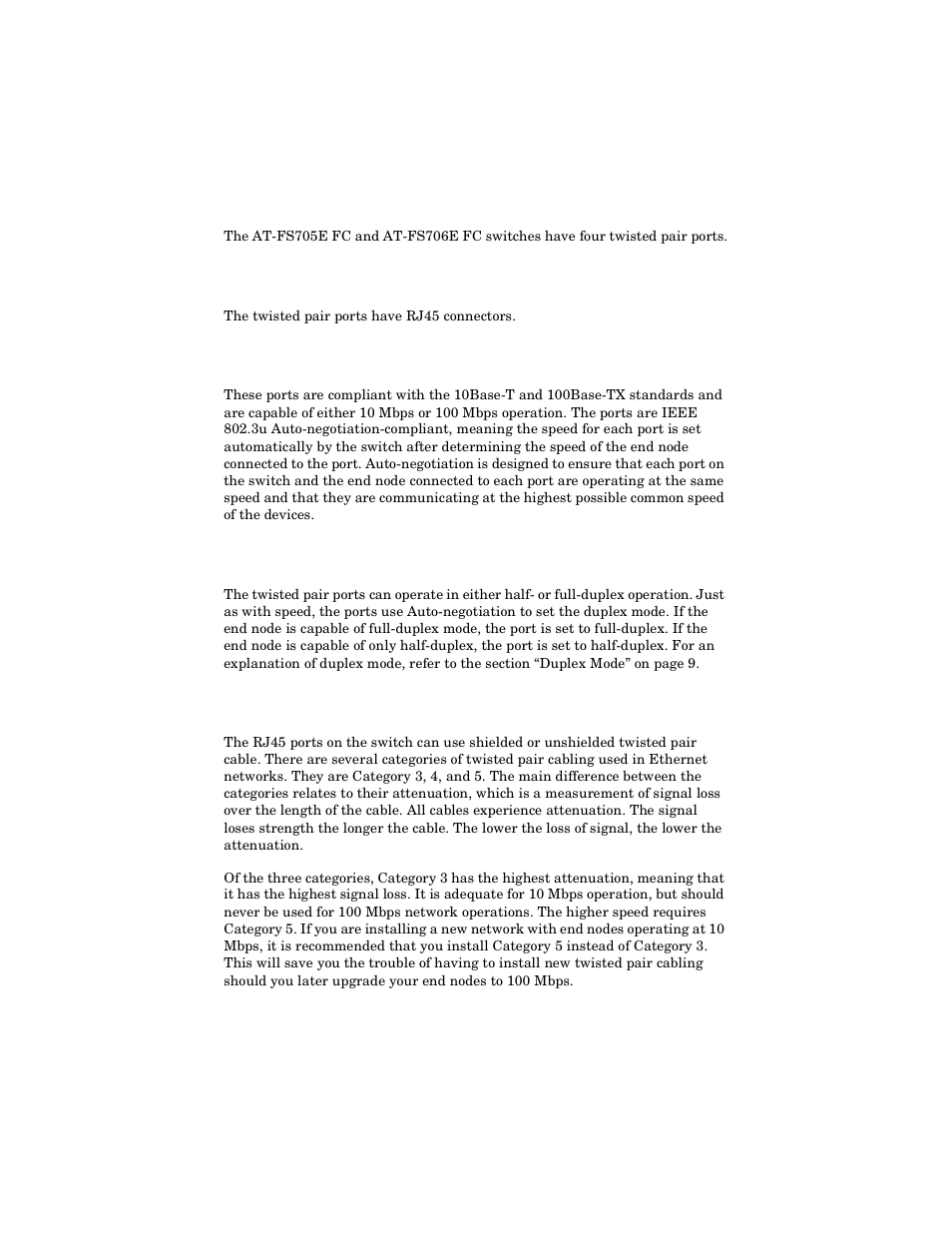 10/100 mbps twisted pair ports, Type of connector, Speed | Duplex mode, Cabling, Type of connector speed duplex mode cabling | Allied Telesis AT-FS706E FC User Manual | Page 13 / 50