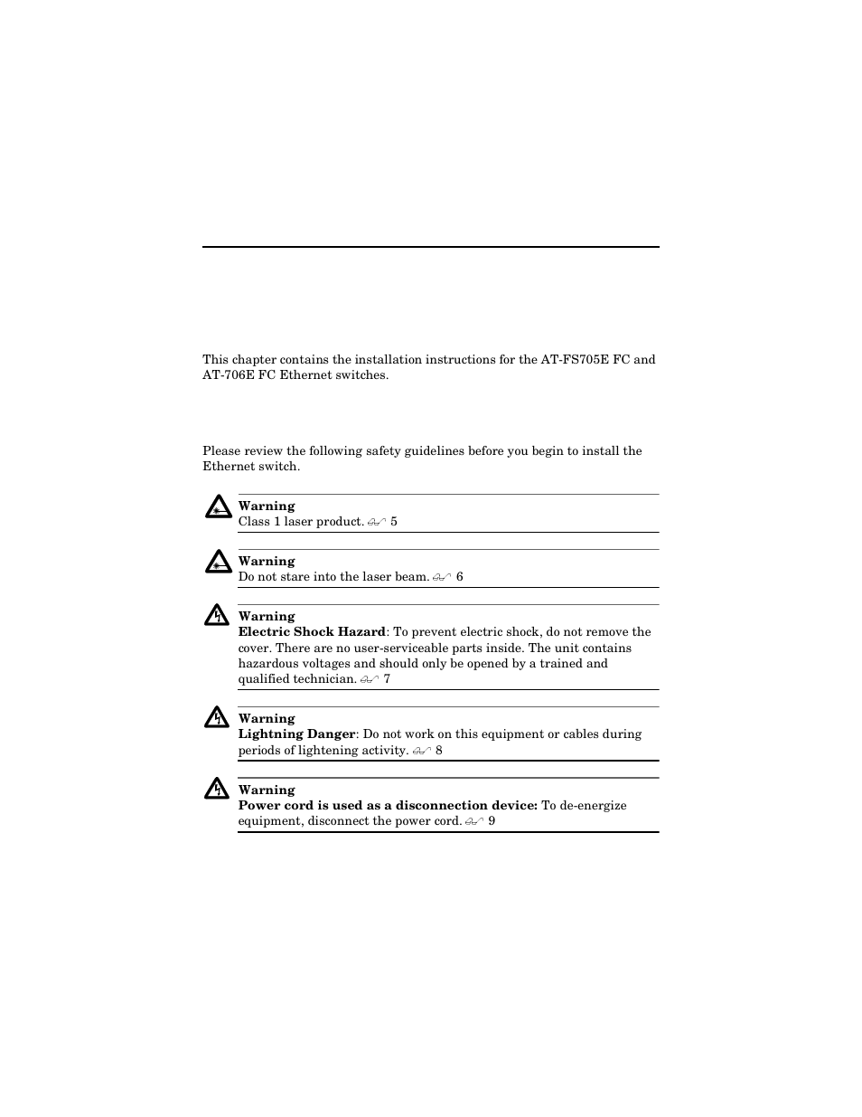 Chapter 2, Installing the switch, Reviewing safety guidelines | Chapter 2 installing the switch | Allied Telesis AT-FS706E FC User Manual | Page 27 / 50