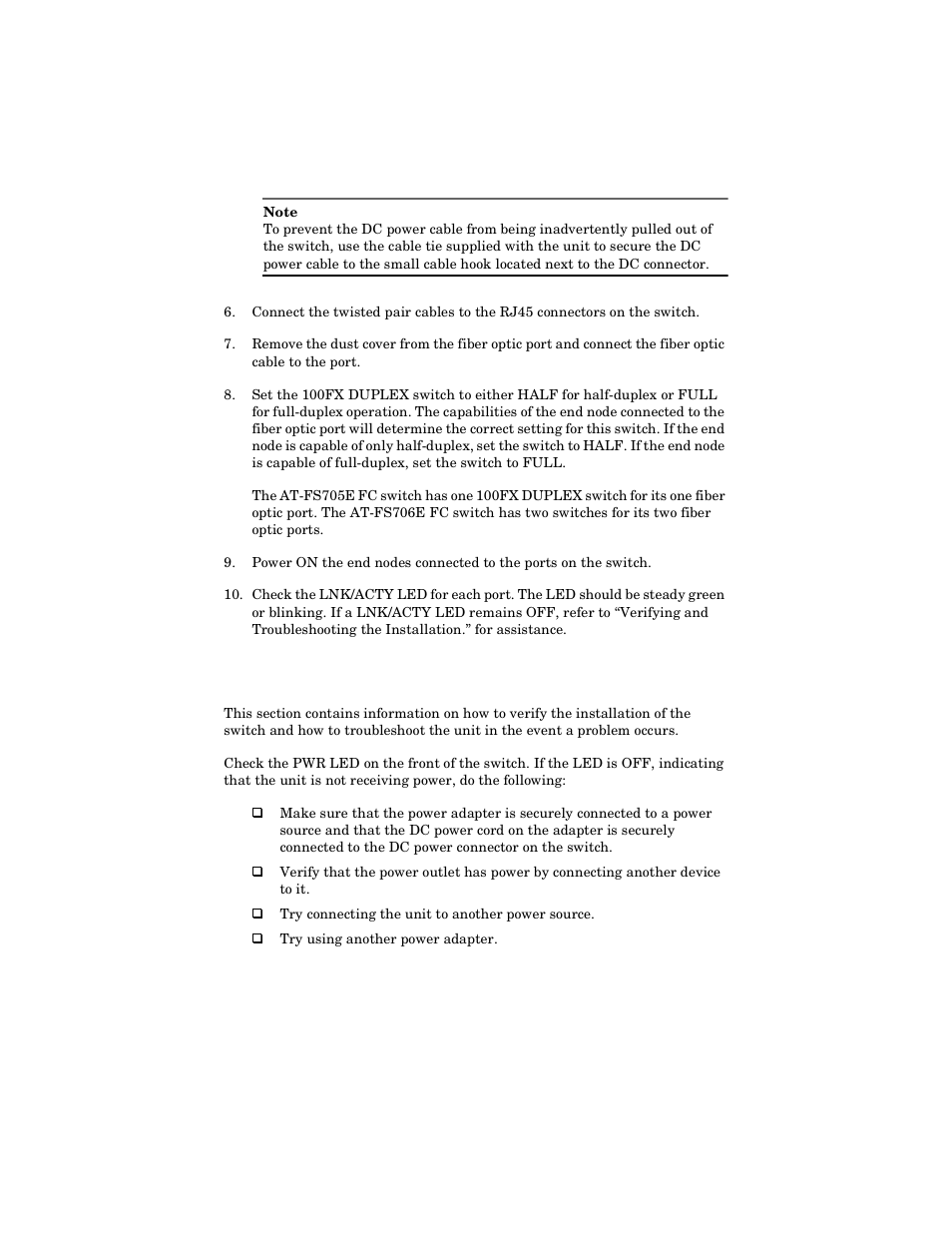 Verifying and troubleshooting the installation | Allied Telesis AT-FS706E FC User Manual | Page 32 / 50