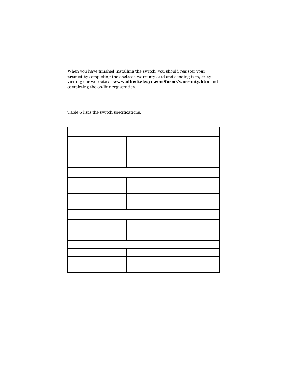 Warranty registration, Technical specifications, Warranty registration technical specifications | Allied Telesis AT-FS706E FC User Manual | Page 34 / 50