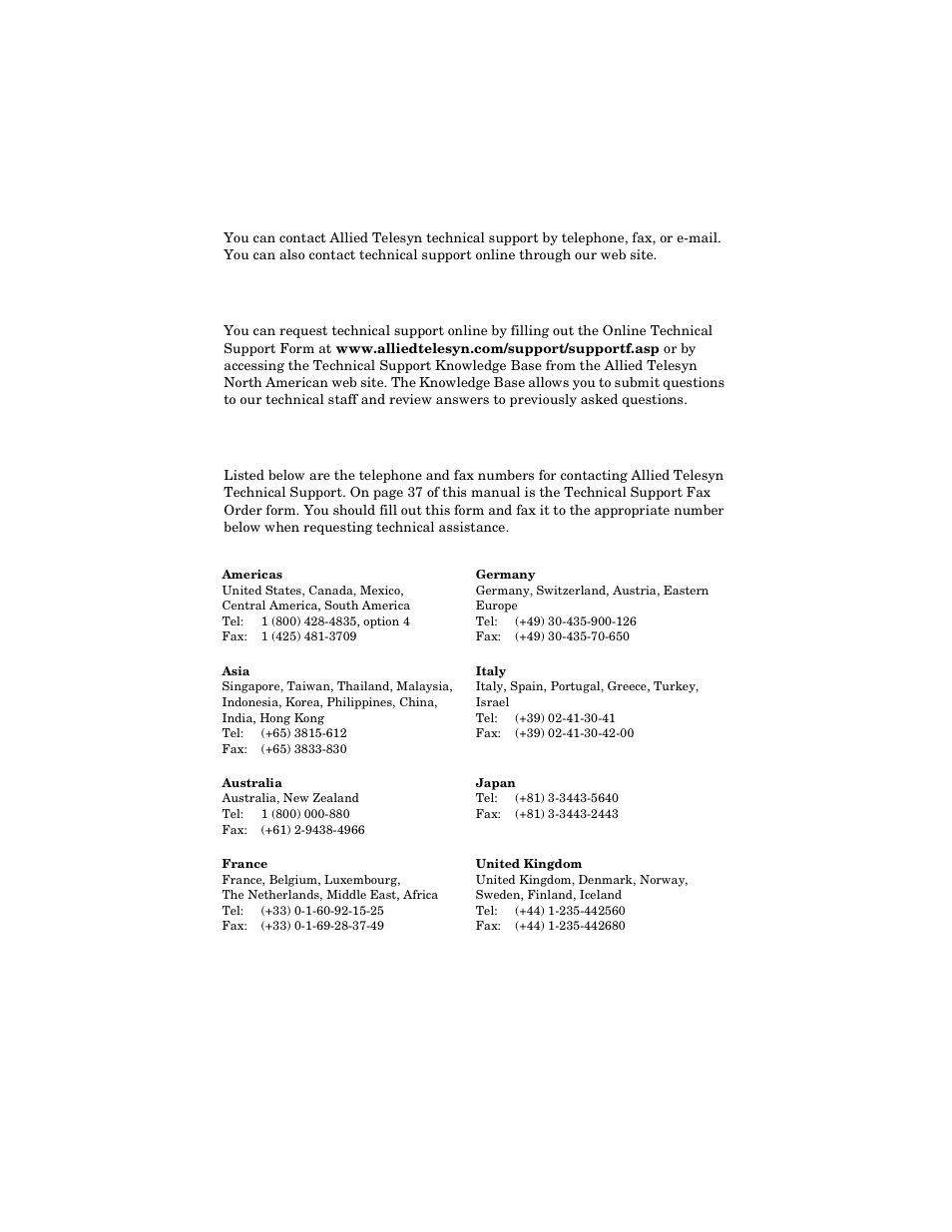 Contacting allied telesyn, Online support, Telephone and fax support | Allied Telesis AT-FS706E FC User Manual | Page 8 / 50