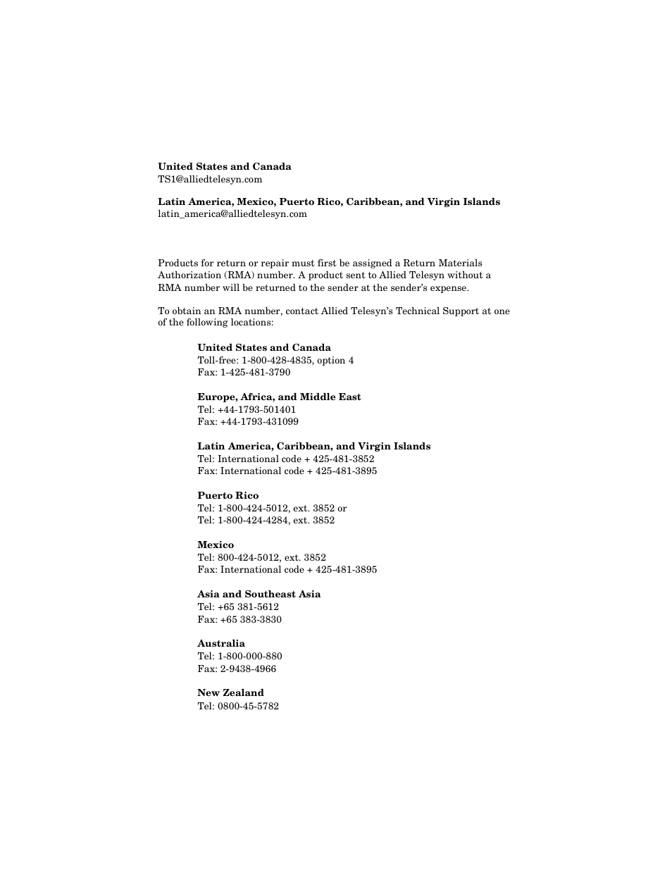 E-mail support, Returning products | Allied Telesis AT-FS706E FC User Manual | Page 9 / 50