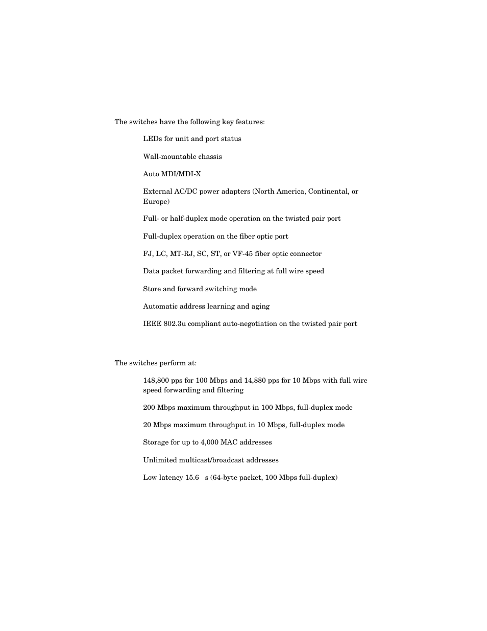Key features, Switch performance | Allied Telesis AT-FS217 User Manual | Page 13 / 44
