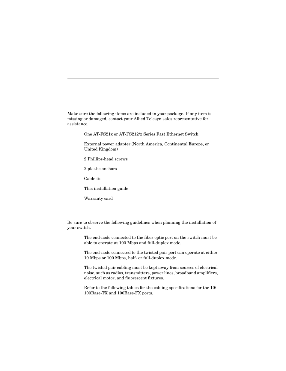 Chapter 2, Installing the switch, Verifying the package contents | Planning the installation | Allied Telesis AT-FS217 User Manual | Page 17 / 44