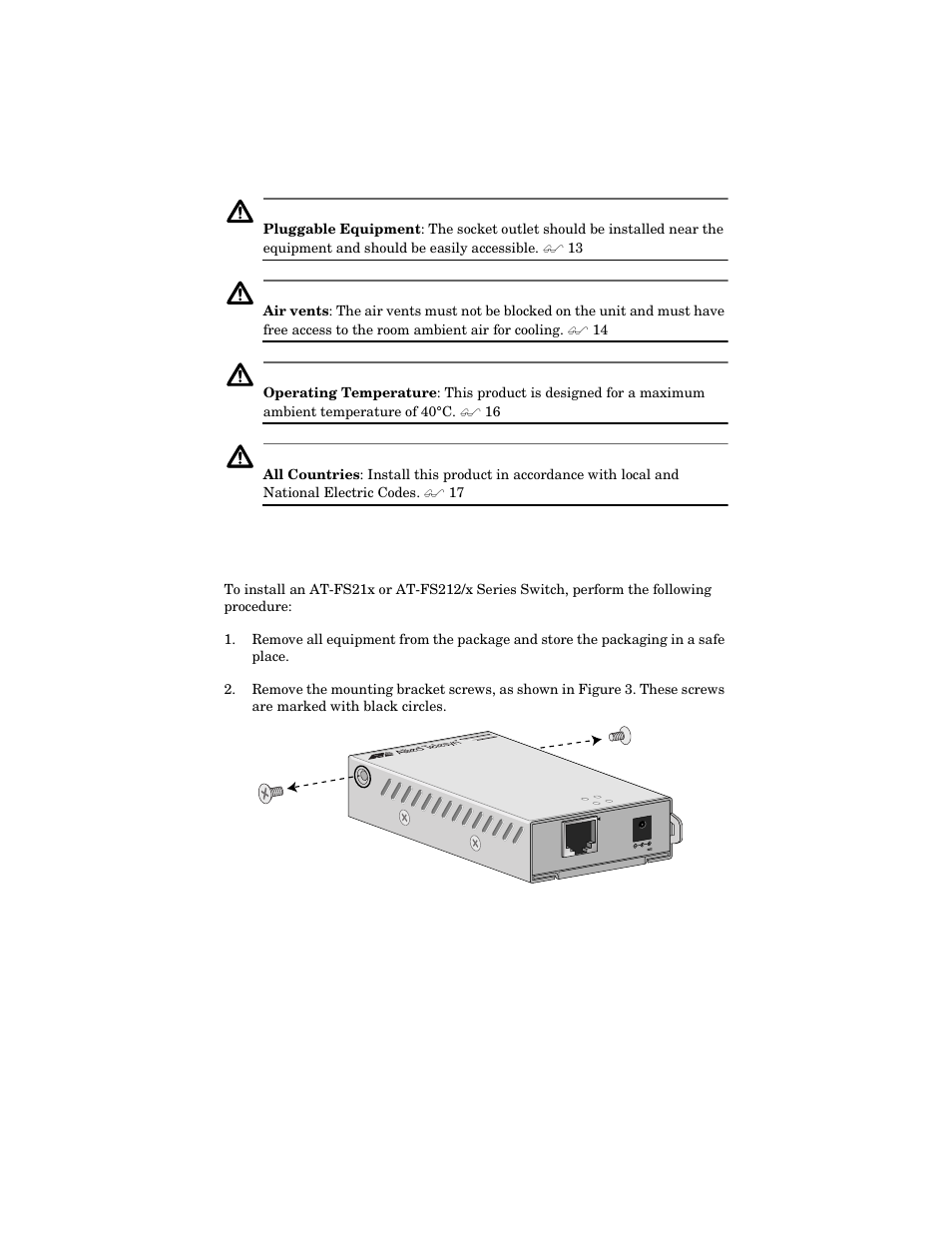 Installing the switch | Allied Telesis AT-FS217 User Manual | Page 20 / 44