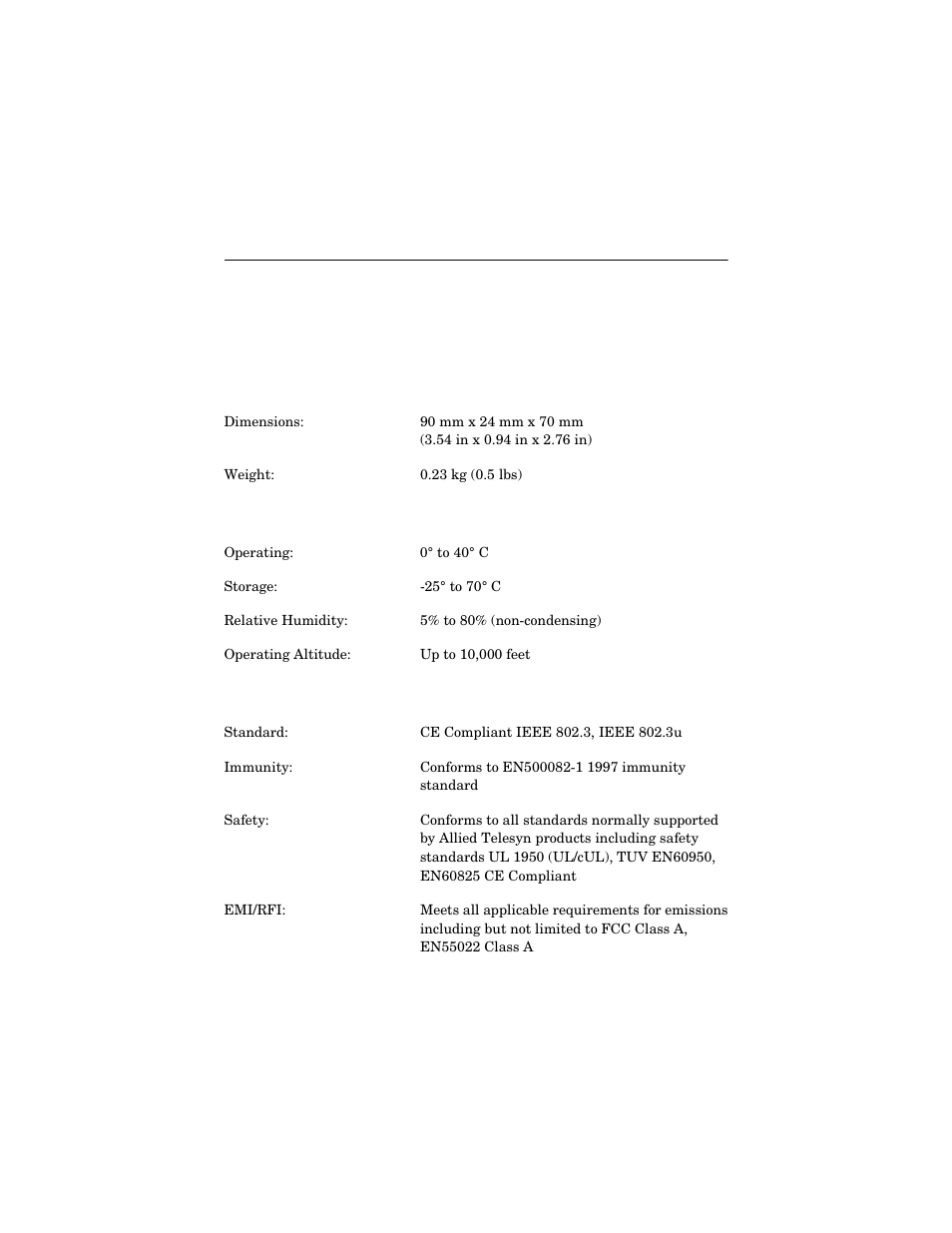 Appendix a, Technical specifications, Specifications | Physical, Temperature, Electrical and mechanical specifications | Allied Telesis AT-FS217 User Manual | Page 27 / 44