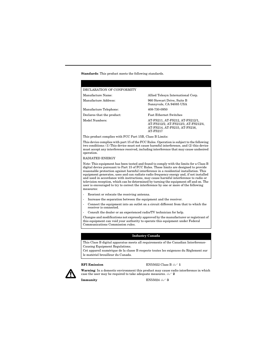 Safety warnings | Allied Telesis AT-FS217 User Manual | Page 3 / 44