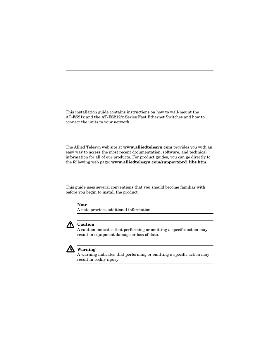 Welcome to allied telesyn, Where to find web-based guides, Document conventions | Allied Telesis AT-FS217 User Manual | Page 7 / 44