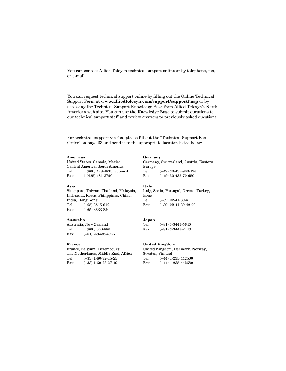 Contacting allied telesyn, Online support, Technical and fax support | Allied Telesis AT-FS217 User Manual | Page 8 / 44