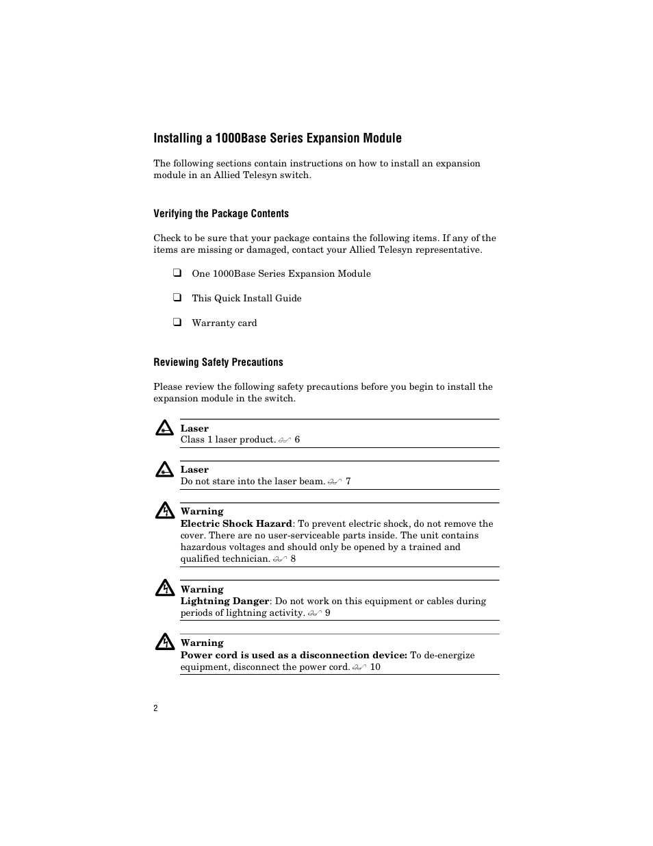Installing a 1000base series expansion module, Verifying the package contents, Reviewing safety precautions | Allied Telesis AT-A24/SX, LX User Manual | Page 12 / 36