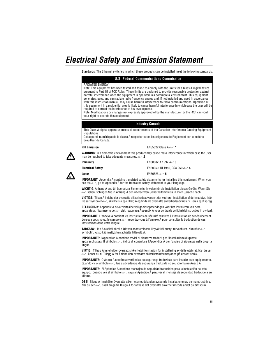 Electrical safety and emission statement | Allied Telesis AT-A24/SX, LX User Manual | Page 3 / 36