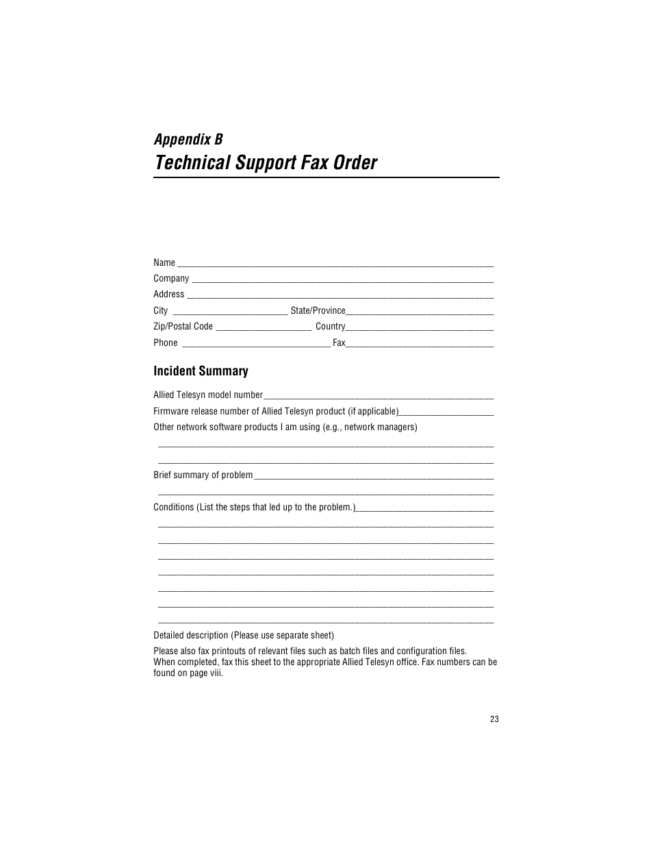 Appendix b, Technical support fax order, Incident summary | Allied Telesis AT-A24/SX, LX User Manual | Page 33 / 36