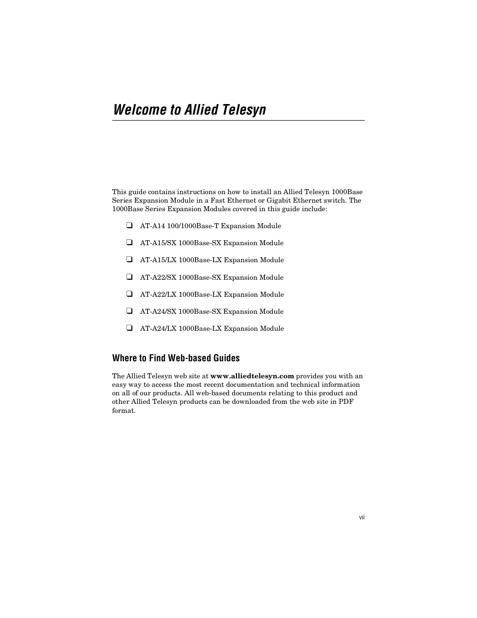 Welcome to allied telesyn, Where to find web-based guides | Allied Telesis AT-A24/SX, LX User Manual | Page 7 / 36