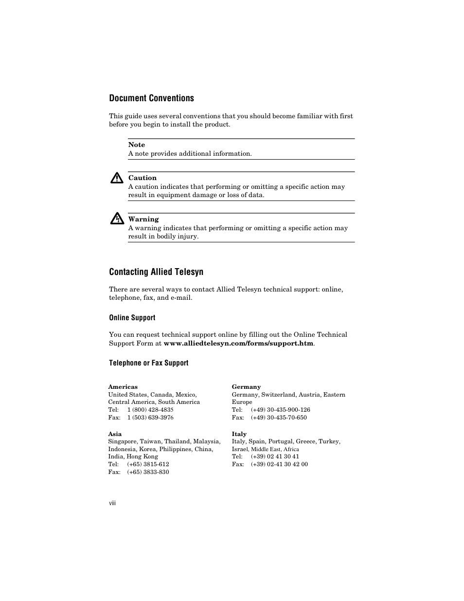 Document conventions, Contacting allied telesyn, Online support | Telephone or fax support | Allied Telesis AT-A24/SX, LX User Manual | Page 8 / 36