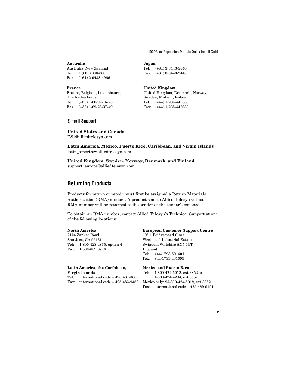 E-mail support, Returning products | Allied Telesis AT-A24/SX, LX User Manual | Page 9 / 36