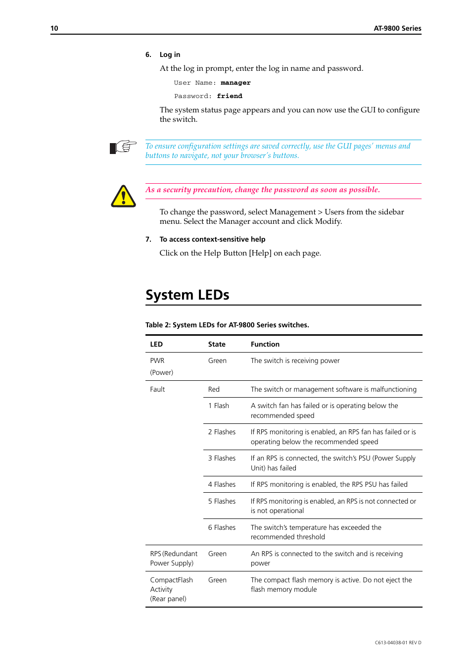 System leds | Allied Telesis AT-9800 SERIES User Manual | Page 10 / 11