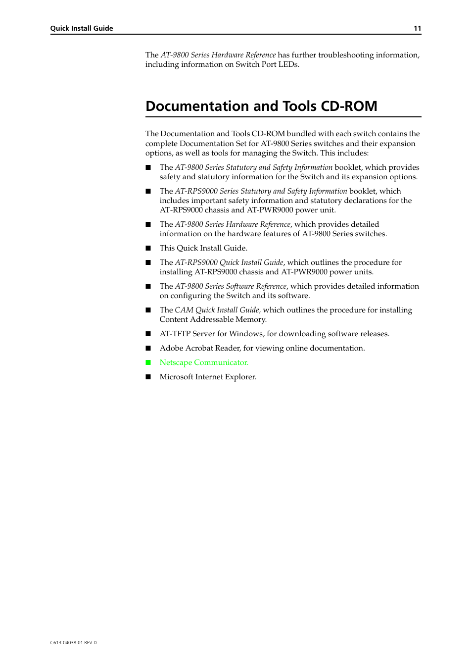 Documentation and tools cd-rom | Allied Telesis AT-9800 SERIES User Manual | Page 11 / 11