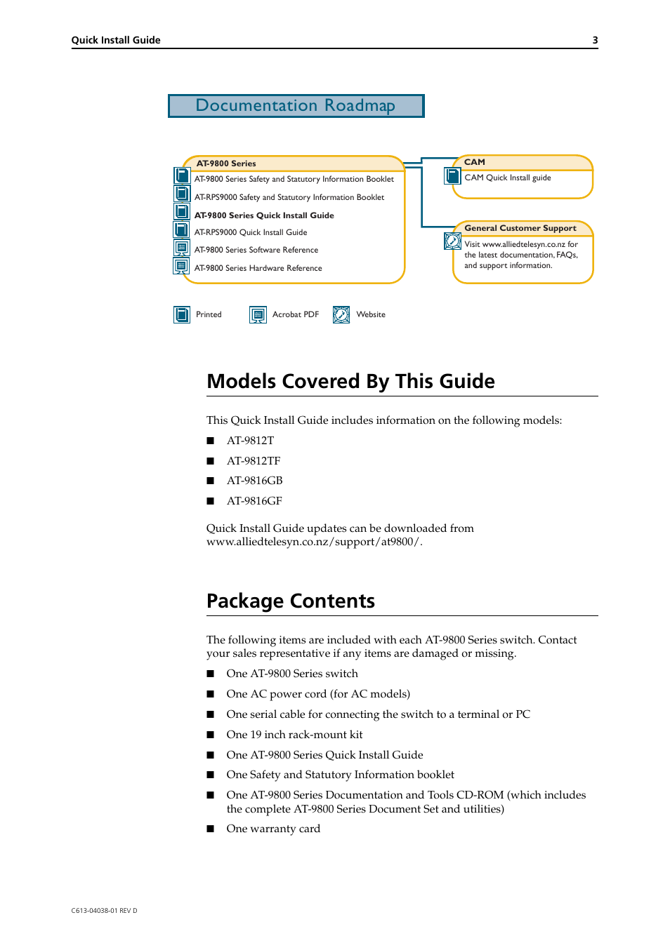 Models covered by this guide, Package contents, Documentation roadmap | Allied Telesis AT-9800 SERIES User Manual | Page 3 / 11