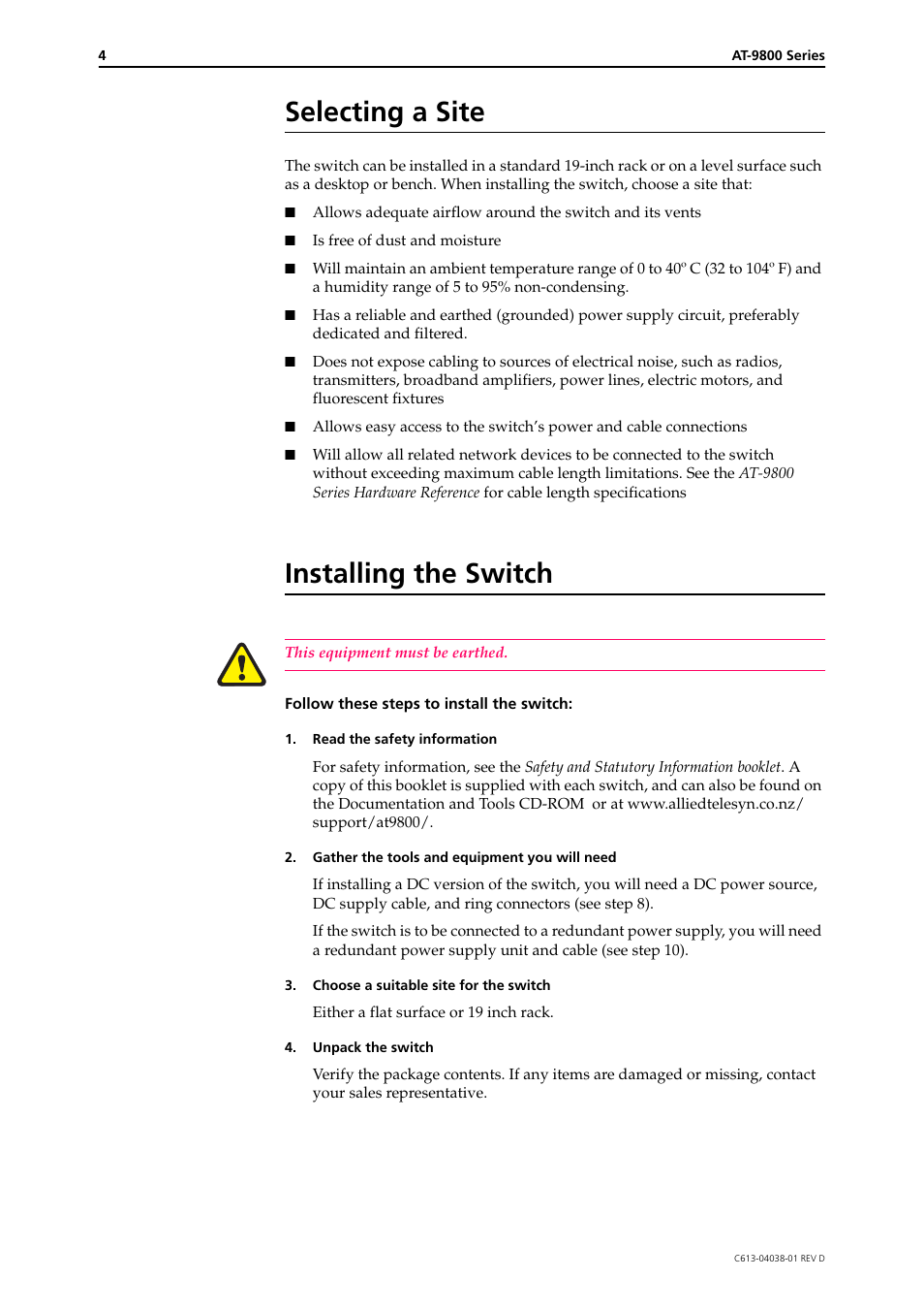 Selecting a site, Installing the switch | Allied Telesis AT-9800 SERIES User Manual | Page 4 / 11