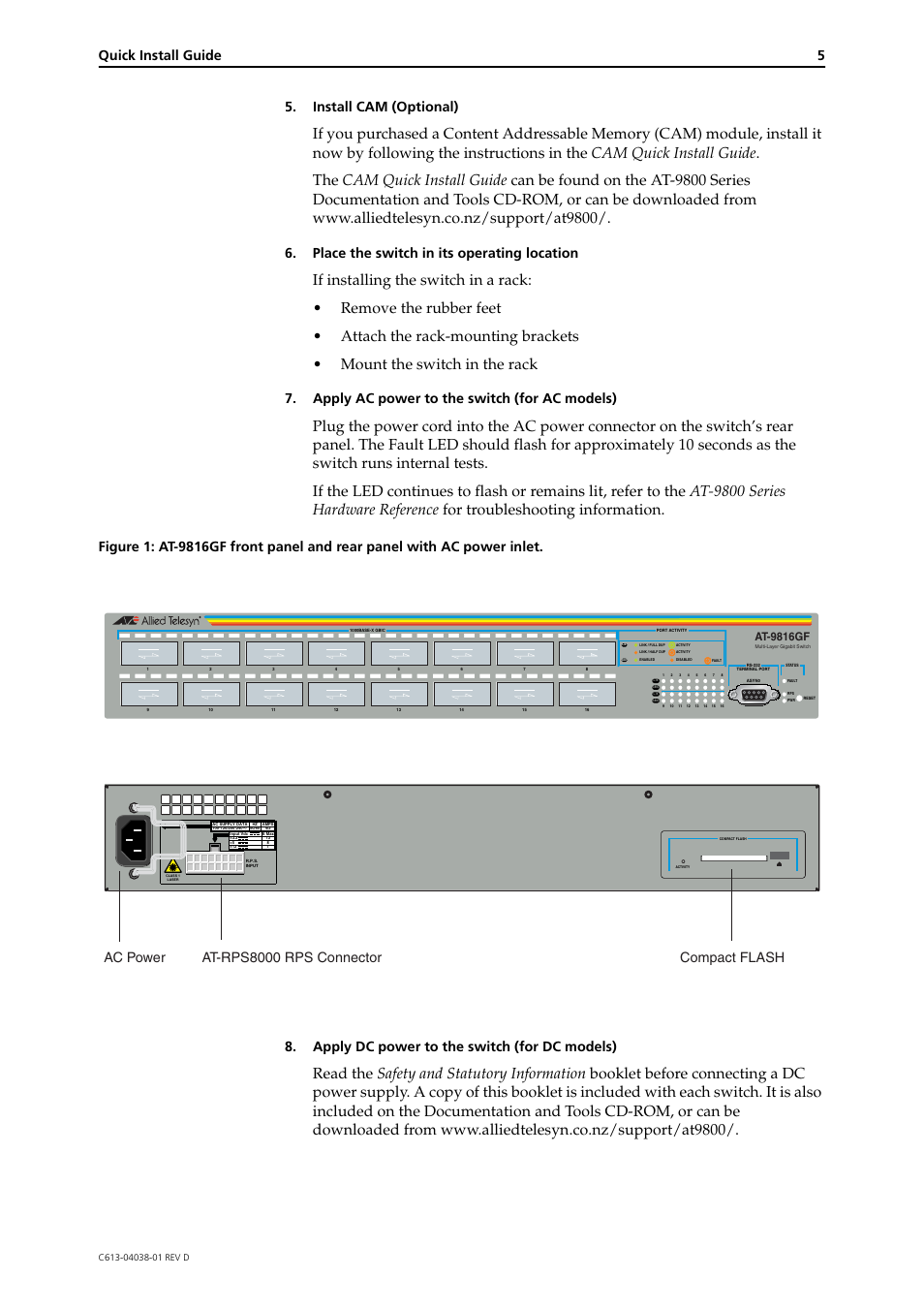 Quick install guide 5, Install cam (optional), Place the switch in its operating location | Apply ac power to the switch (for ac models), Ac power at-rps8000 rps connector compact flash, At-9816gf | Allied Telesis AT-9800 SERIES User Manual | Page 5 / 11