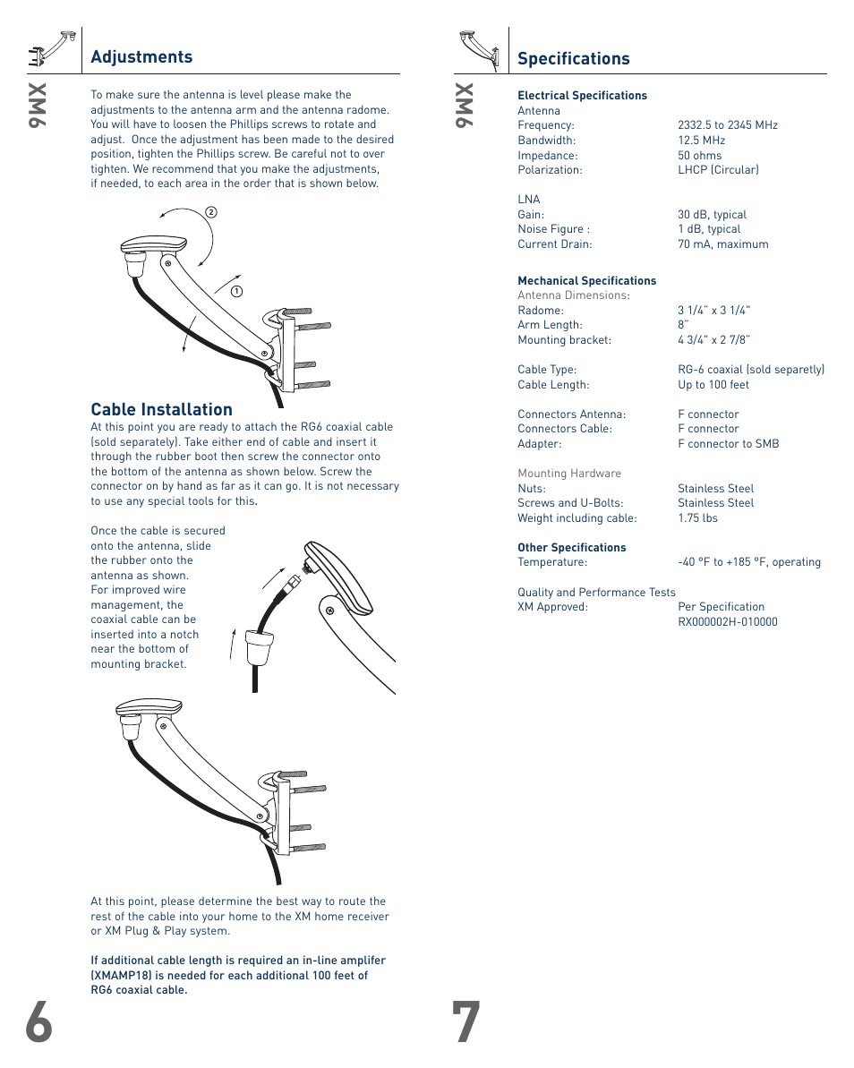 Adjustments, Cable installation, Specifications | Audiovox XM6 User Manual | Page 4 / 4