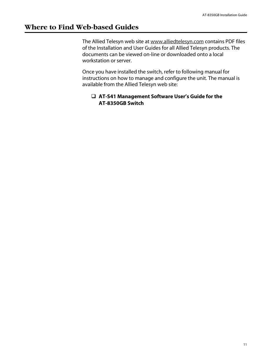 Where to find web-based guides | Allied Telesis AT-8350GB User Manual | Page 11 / 104
