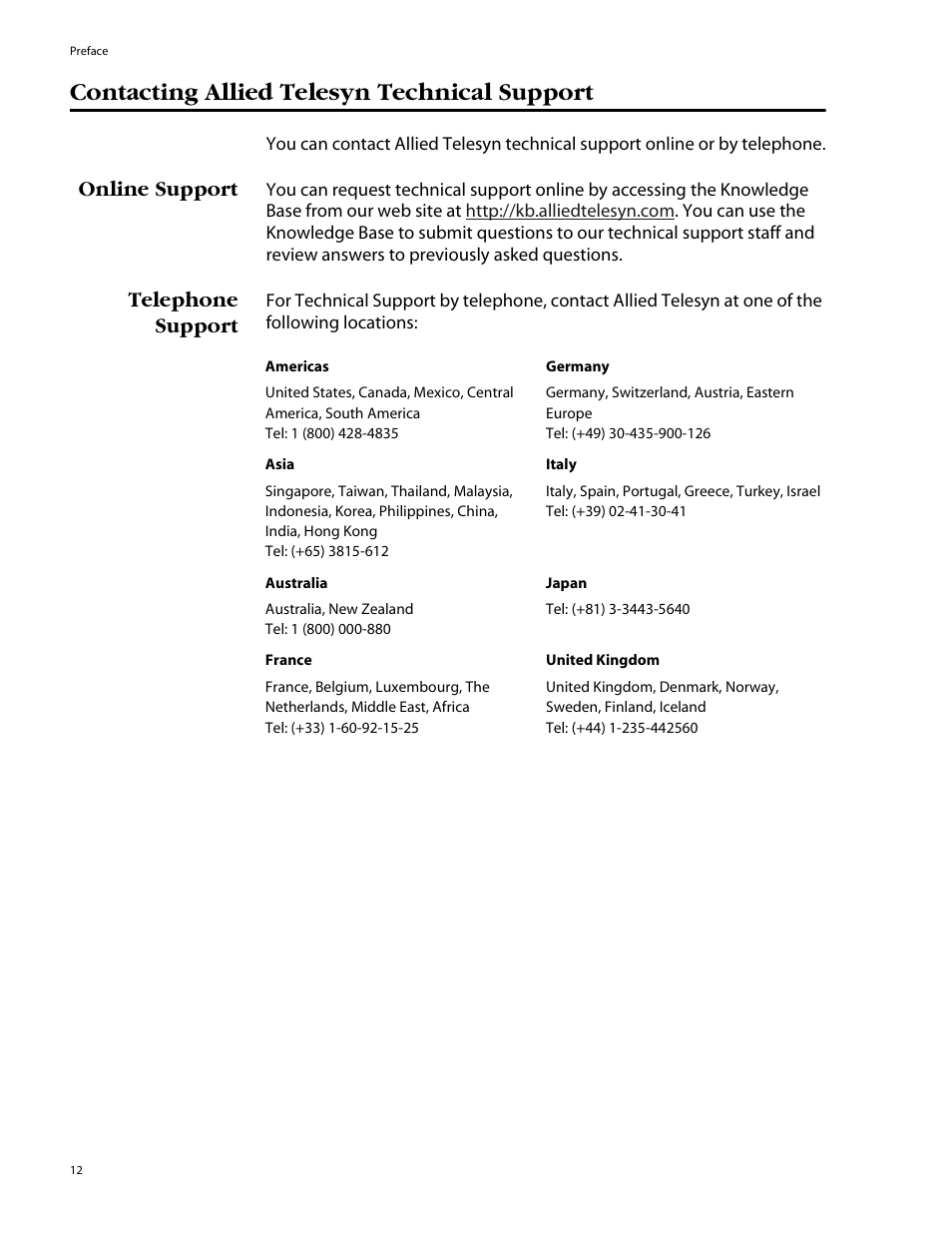 Contacting allied telesyn technical support, Online support, Telephone support | Online support telephone support | Allied Telesis AT-8350GB User Manual | Page 12 / 104