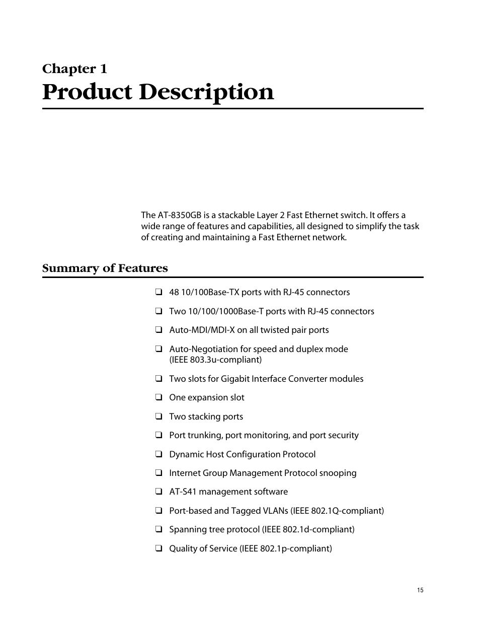 Chapter 1, Product description, Summary of features | Allied Telesis AT-8350GB User Manual | Page 15 / 104