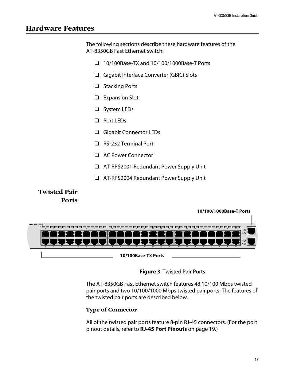 Hardware features, Twisted pair ports, Figure 3: twisted pair ports | Allied Telesis AT-8350GB User Manual | Page 17 / 104