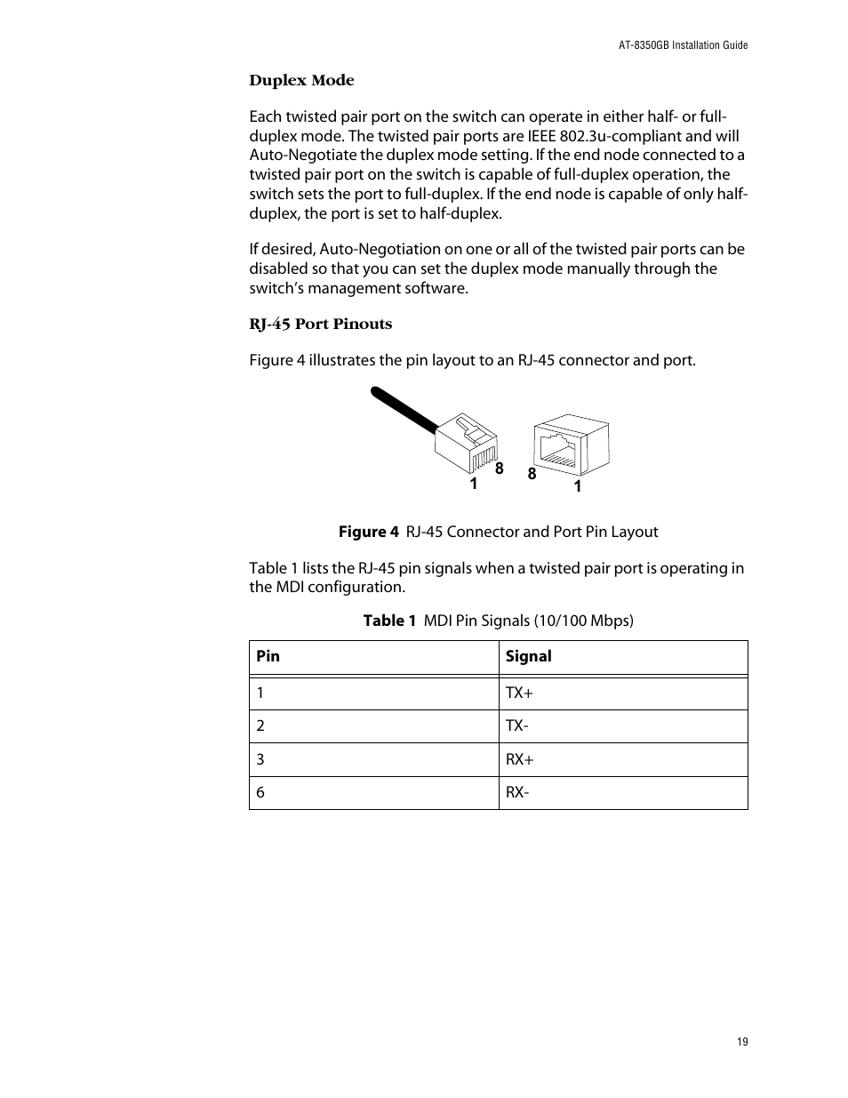 Figure 4: rj-45 connector and port pin layout | Allied Telesis AT-8350GB User Manual | Page 19 / 104