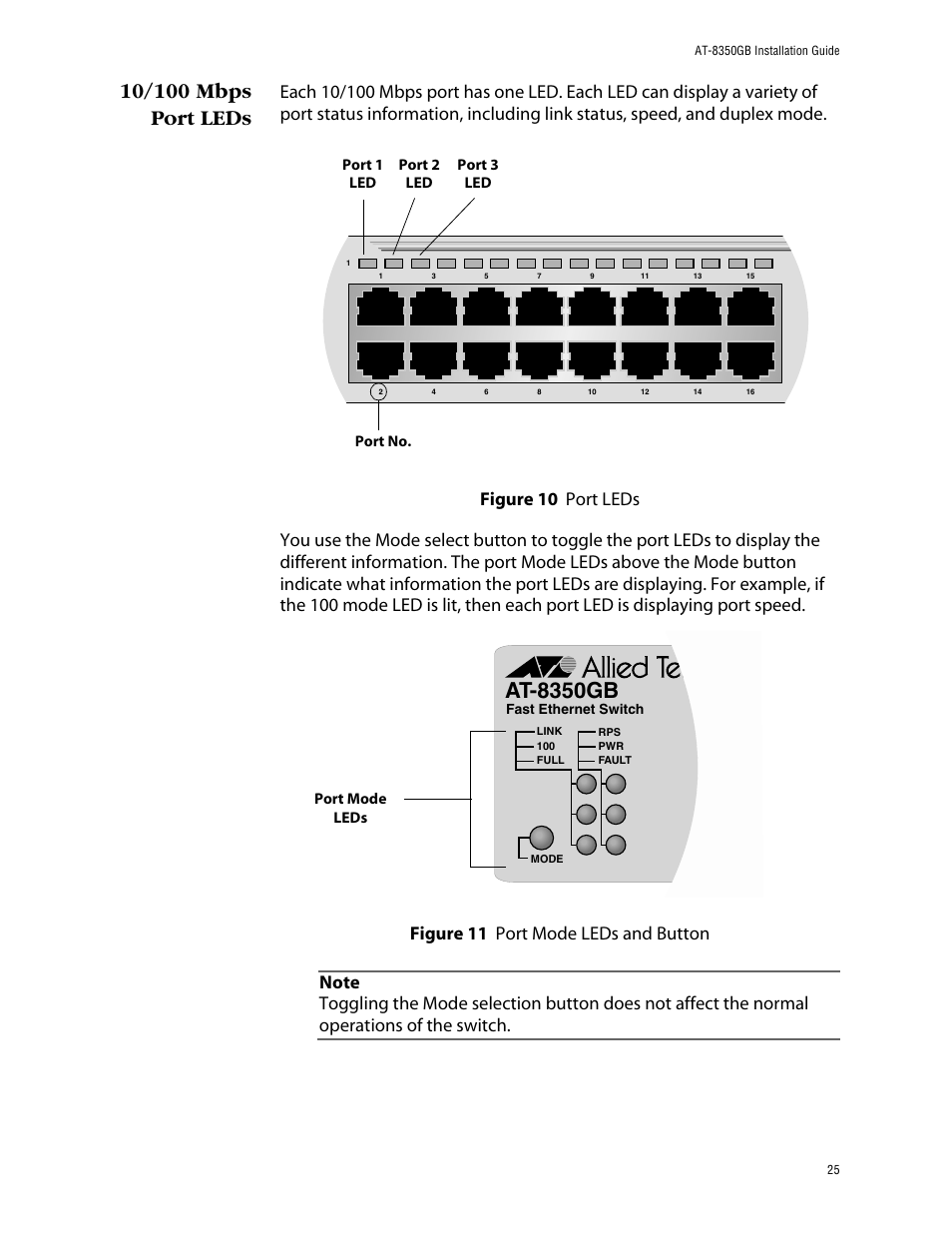 10/100 mbps port leds, At-8350gb | Allied Telesis AT-8350GB User Manual | Page 25 / 104