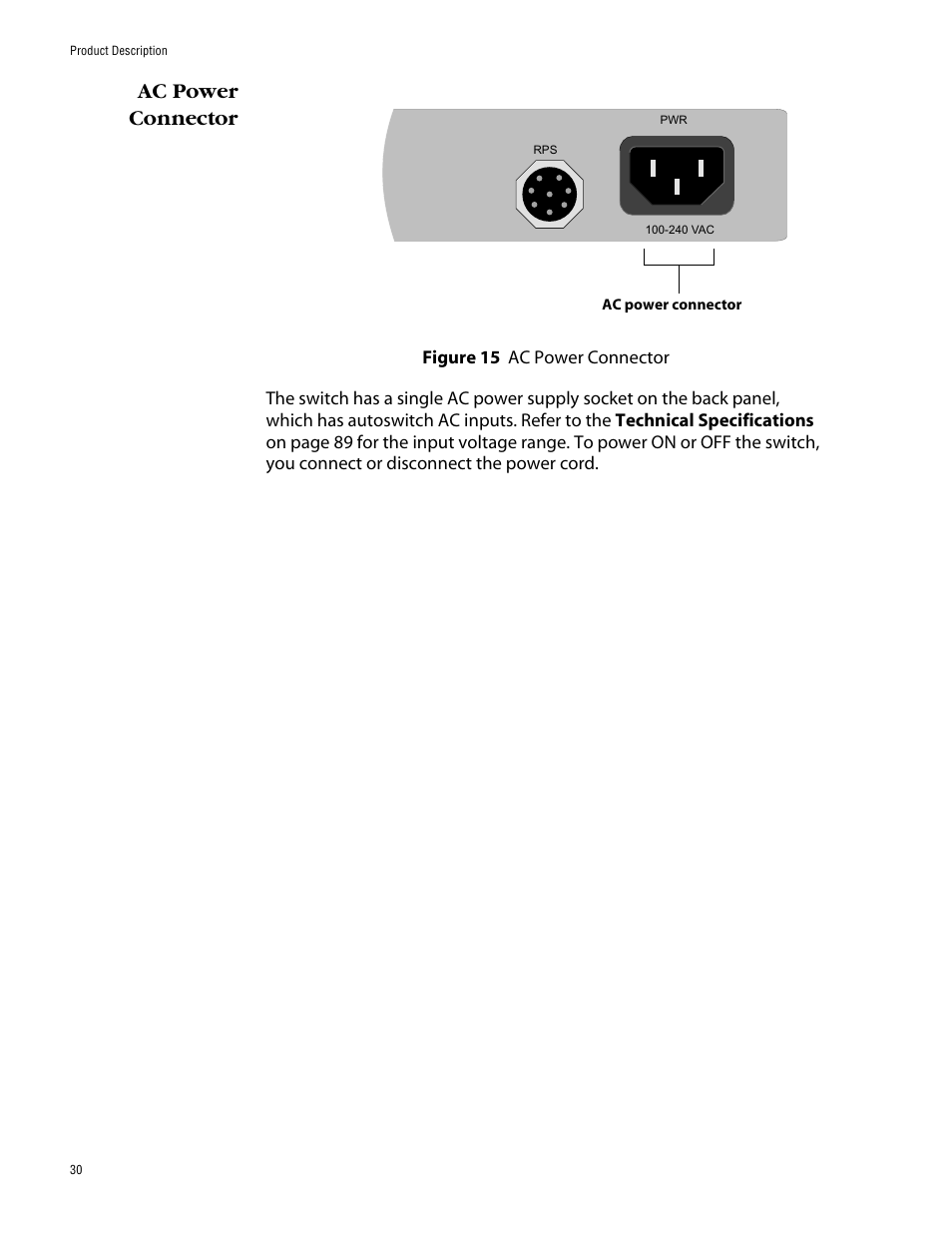 Ac power connector, Figure 15: ac power connector | Allied Telesis AT-8350GB User Manual | Page 30 / 104