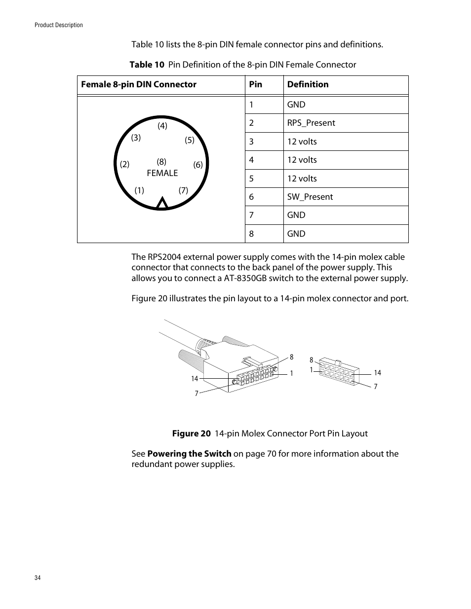 Figure 20: 14-pin molex connector port pin layout | Allied Telesis AT-8350GB User Manual | Page 34 / 104