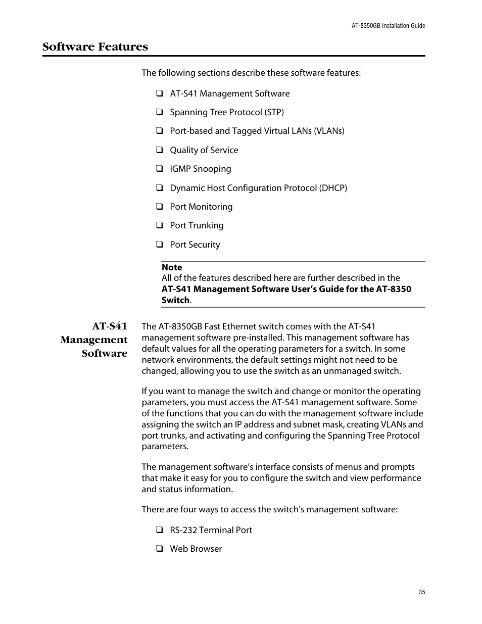 Software features, At-s41 management software | Allied Telesis AT-8350GB User Manual | Page 35 / 104