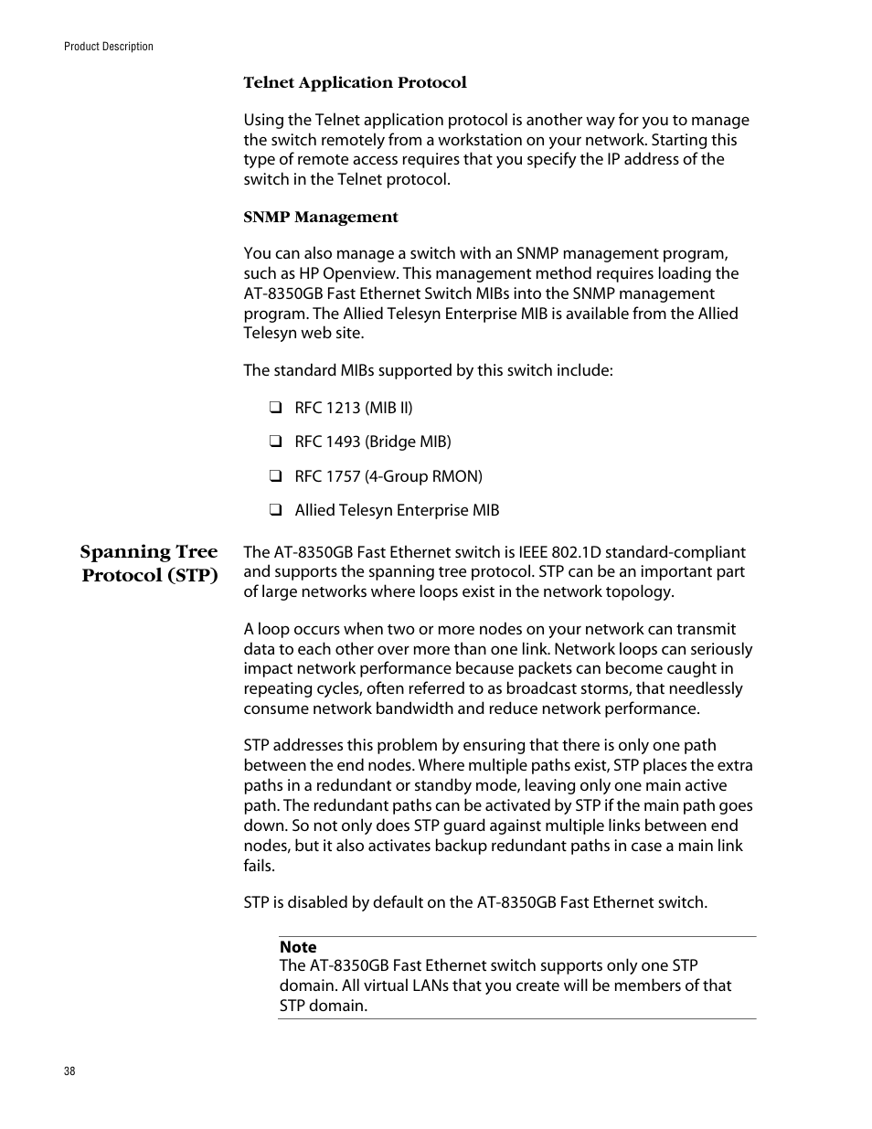 Spanning tree protocol (stp) | Allied Telesis AT-8350GB User Manual | Page 38 / 104