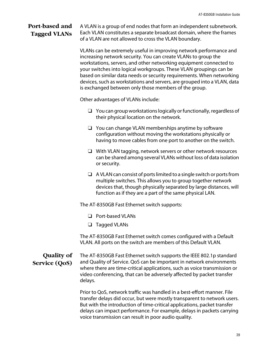 Port-based and tagged vlans, Quality of service (qos) | Allied Telesis AT-8350GB User Manual | Page 39 / 104