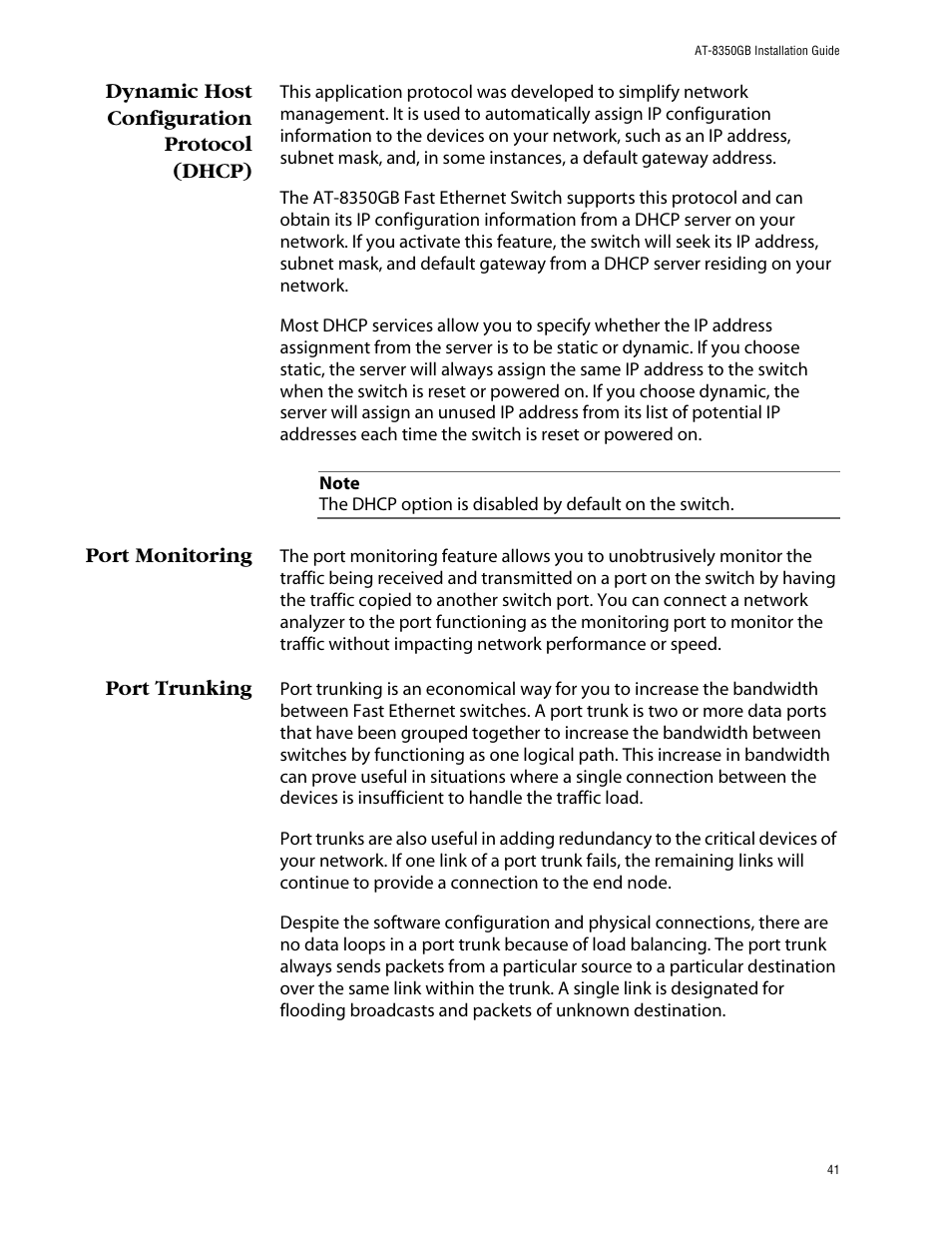Dynamic host configuration protocol (dhcp), Port monitoring, Port trunking | Allied Telesis AT-8350GB User Manual | Page 41 / 104