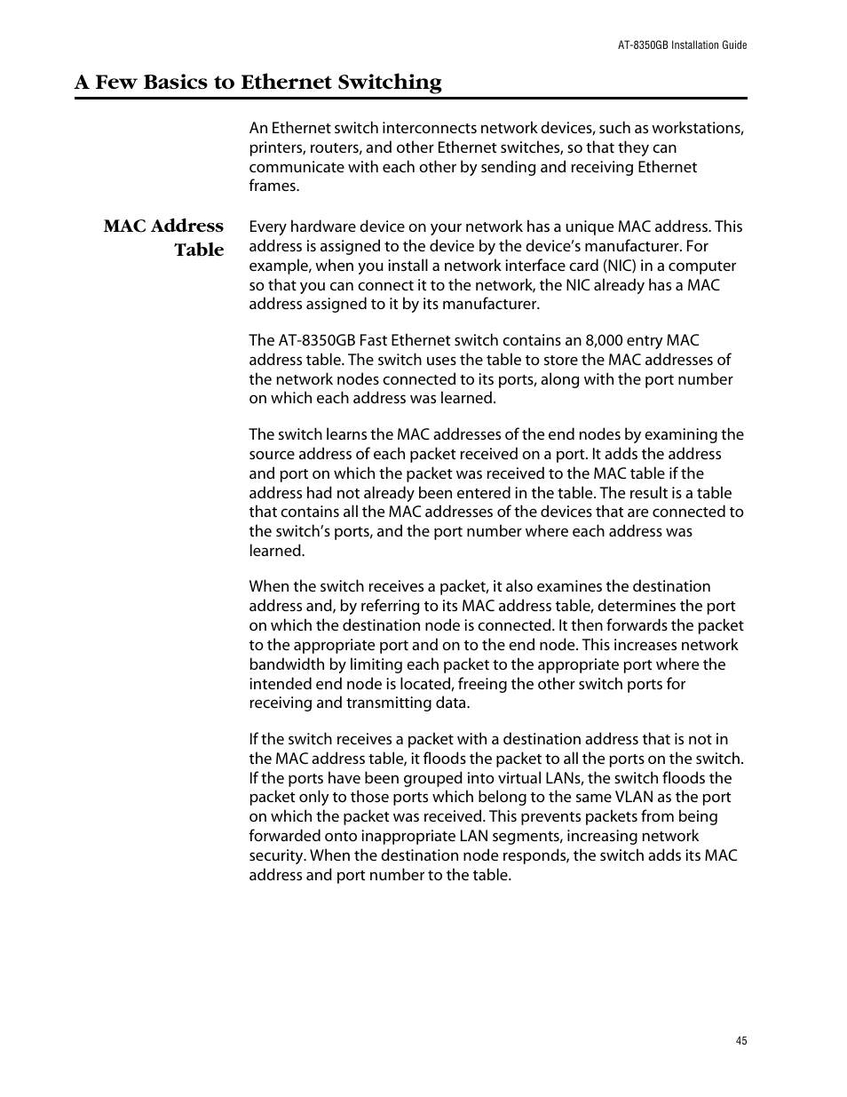 A few basics to ethernet switching, Mac address table | Allied Telesis AT-8350GB User Manual | Page 45 / 104