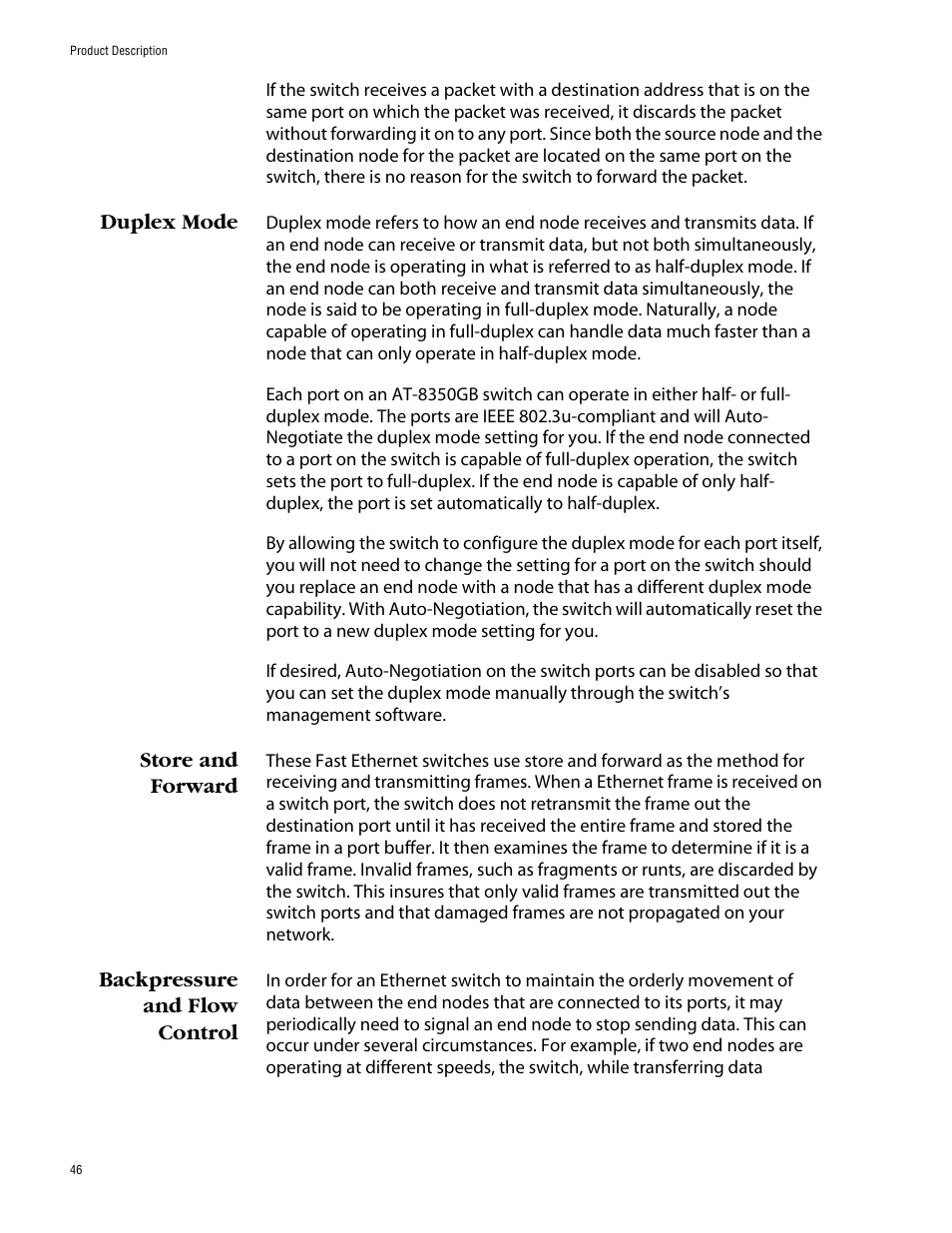 Duplex mode, Store and forward, Backpressure and flow control | Allied Telesis AT-8350GB User Manual | Page 46 / 104