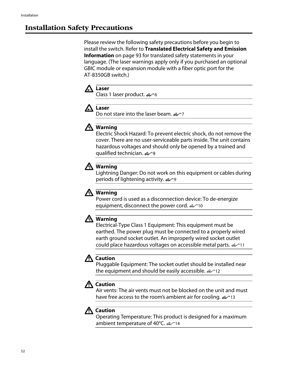 Installation safety precautions | Allied Telesis AT-8350GB User Manual | Page 52 / 104