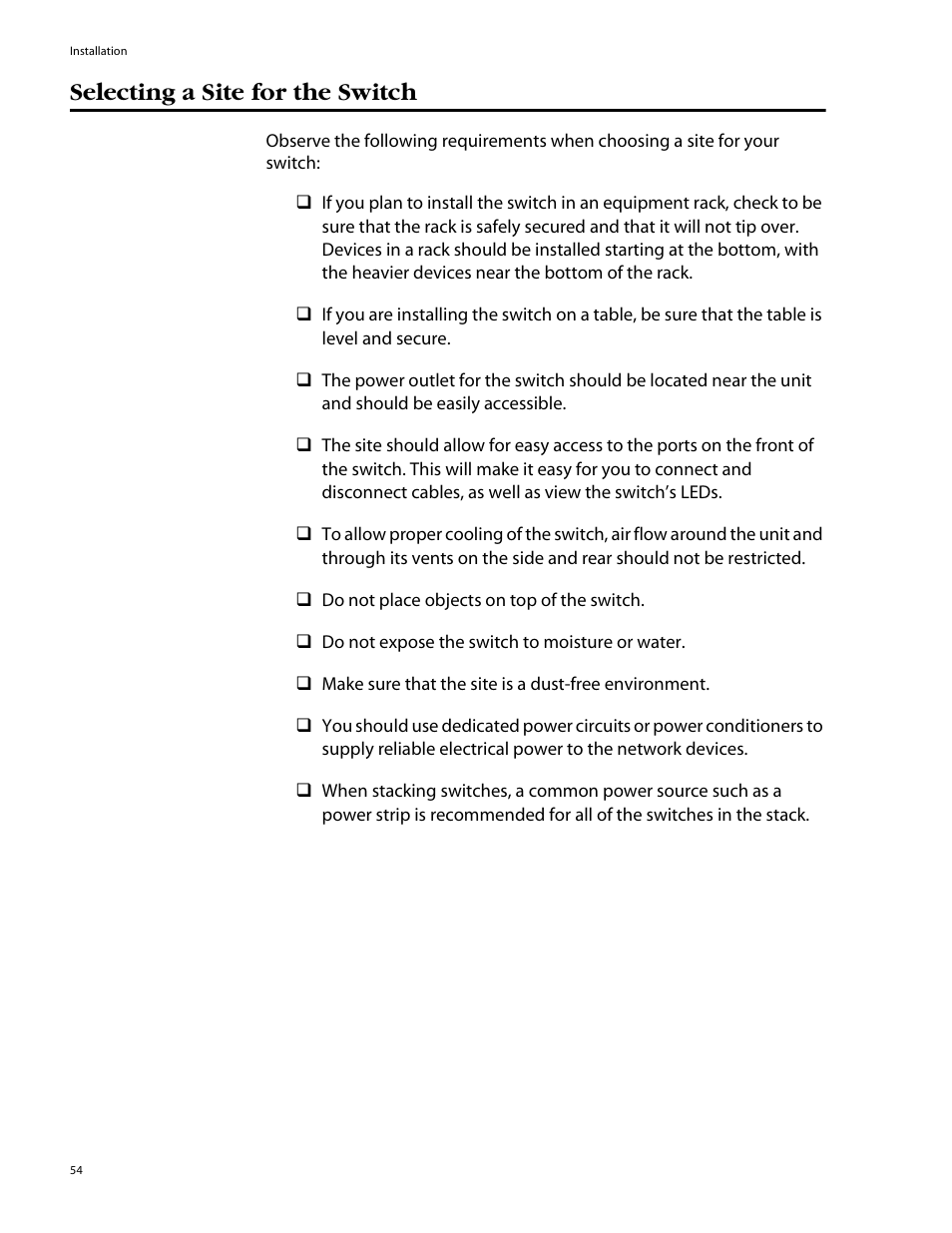 Selecting a site for the switch | Allied Telesis AT-8350GB User Manual | Page 54 / 104
