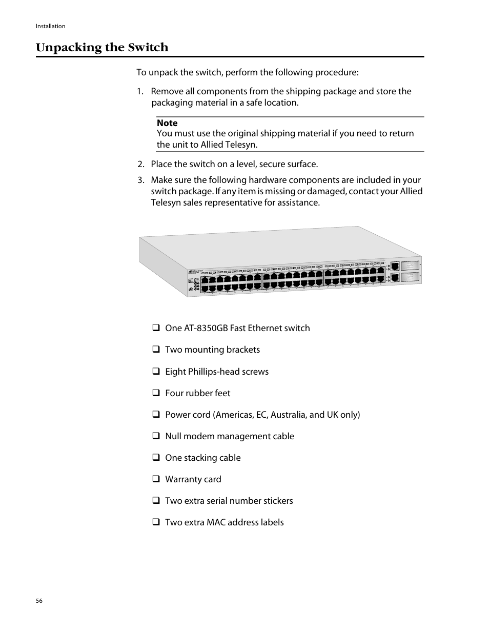 Unpacking the switch, Fault pwr rps link 100 full mode, Installation 56 | Allied Telesis AT-8350GB User Manual | Page 56 / 104