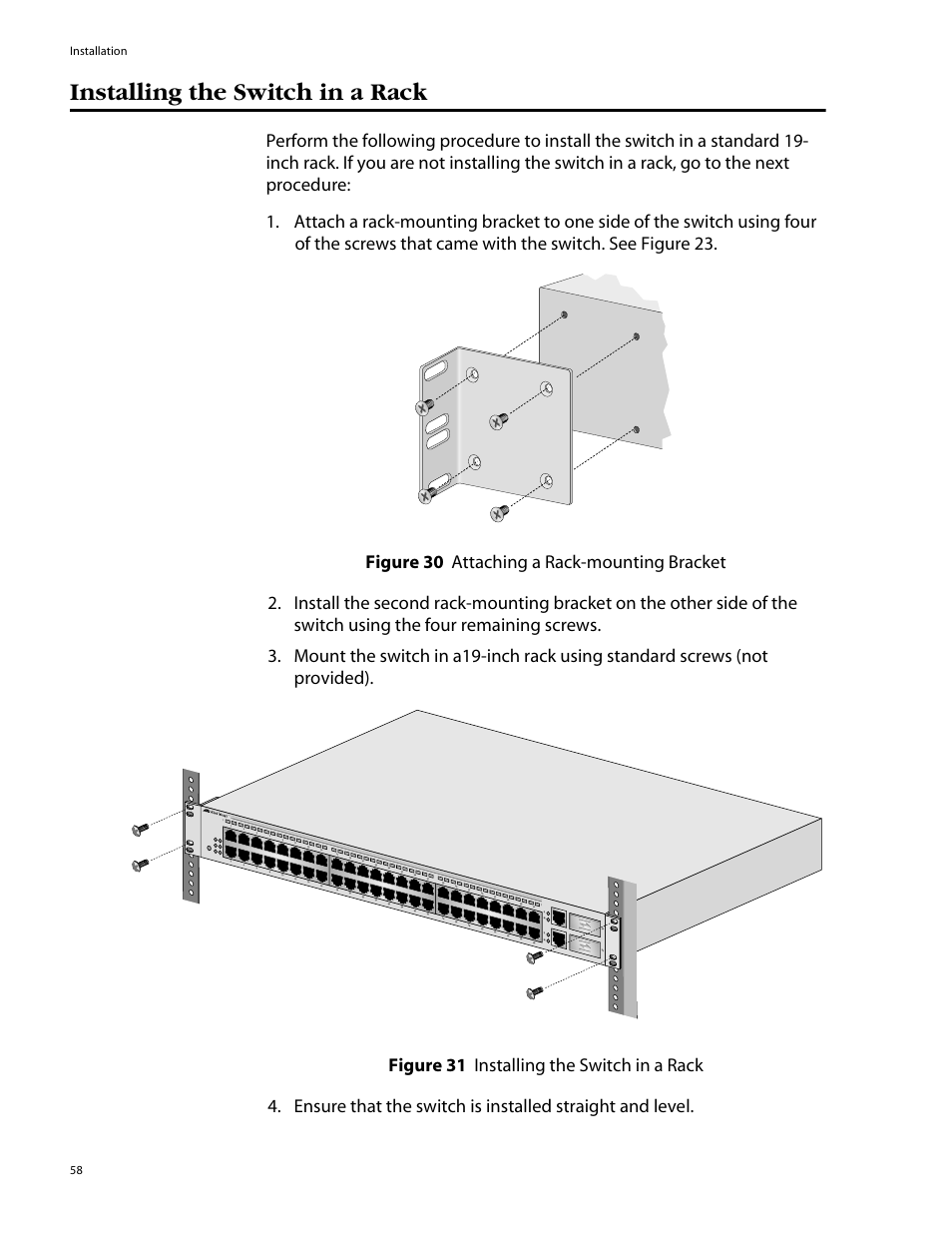 Installing the switch in a rack, Installation 58 | Allied Telesis AT-8350GB User Manual | Page 58 / 104